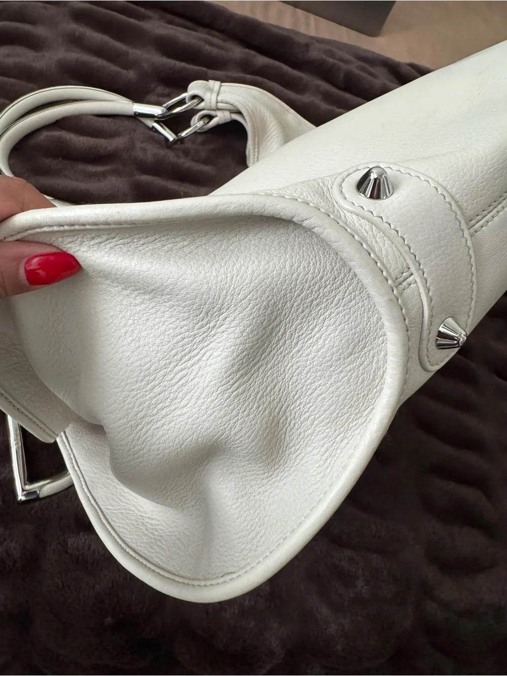 Vintage Christian Dior D White Leather Hobo Bag Silver Hardware